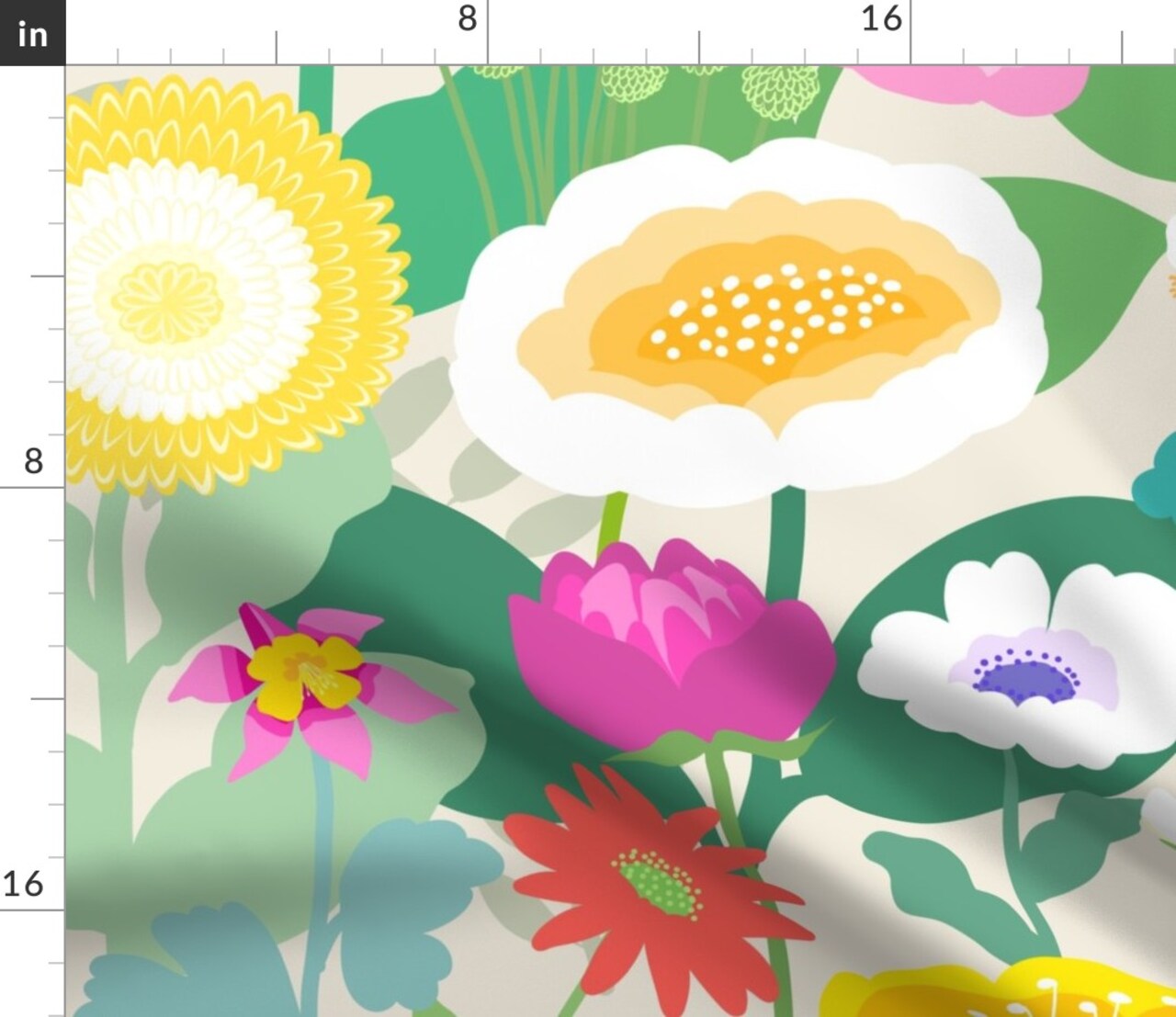 Floral Scandi Scandinavian Retro Large Scale Jumbo Anemone Peony Dahlia Wildflowers Custom Printed Fabric by Spoonflower Various Fabrics by the Yard or Fat Quarter